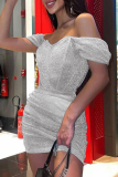 Vestidos de falda de tubo con hombros descubiertos de malla sólida sexy plateada
