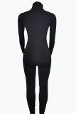 Macacão skinny preto fashion casual sólido básico com gola alta