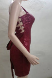 Bourgondische sexy patchwork pailletten backless strap ontwerp spaghetti band mouwloze jurk