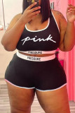 Pink Casual Letter Print Basic U Neck Plus Size Two Pieces