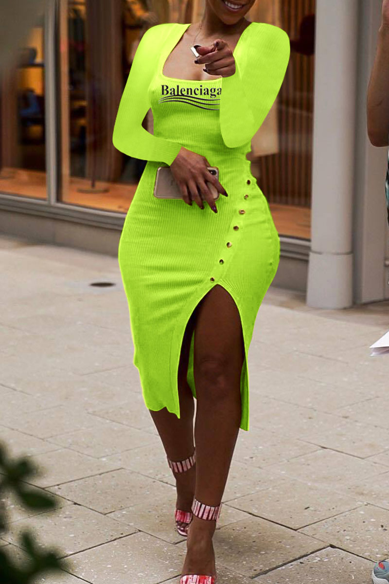 

Fluorescent Green Fashion Elegant Letter Slit Square Collar One Step Skirt Dresses