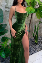 Green Sexy Solid High Opening Spaghetti Strap Irregular Dress Dresses
