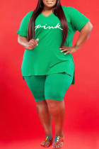 Green Fashion Casual Letter Print Basic V Neck Plus Size Two Pieces