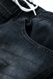 Dark Blue Fashion Casual Solid Mid Waist Regular Ripped Denim Jeans