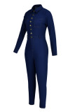 Blue Fashion Casual Solid Patchwork Turndown Collar Skinny Jumpsuits (Without Waist Chain)