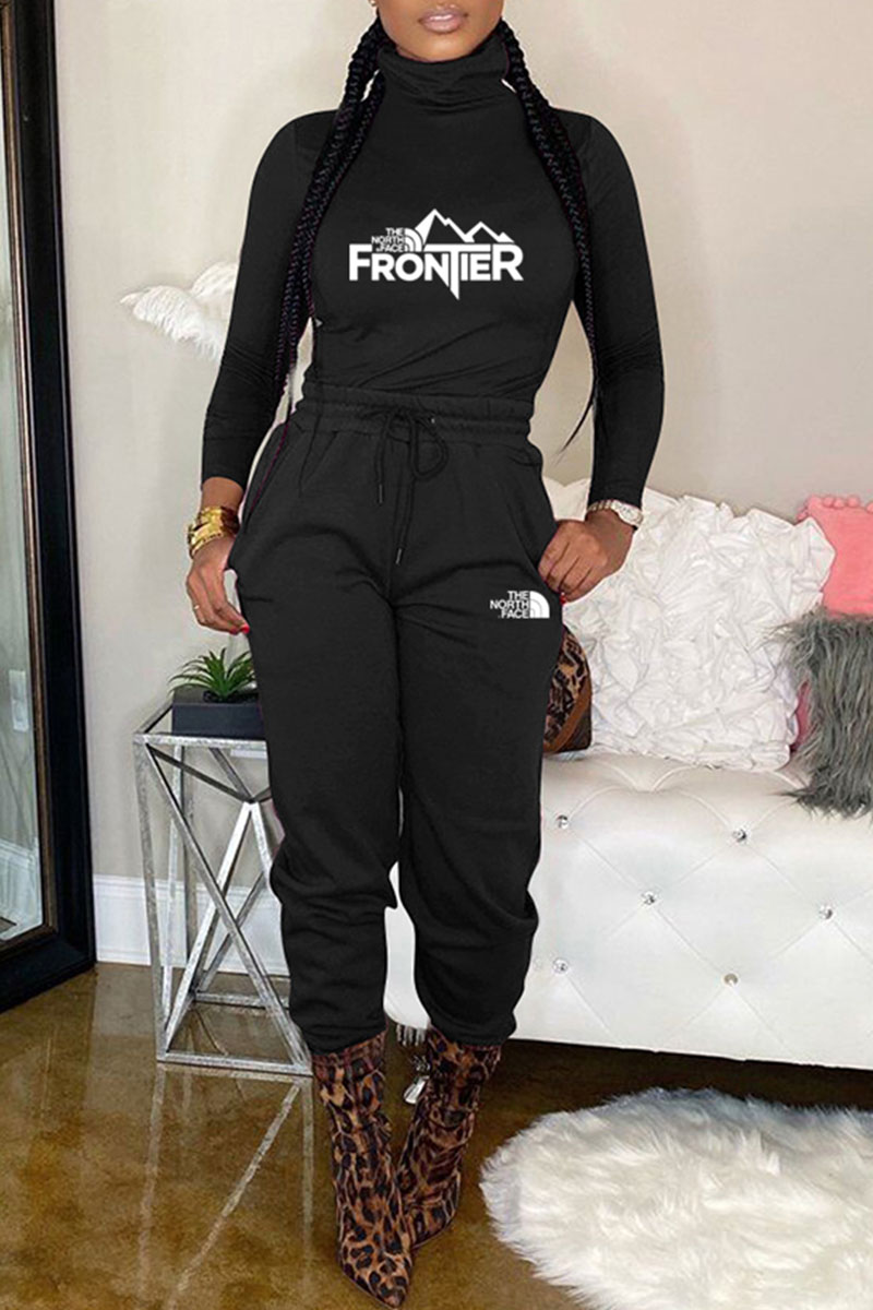 

Black Fashion Casual Print Letter Turtleneck Long Sleeve Two Pieces