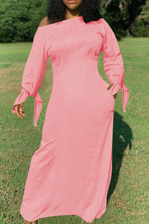 ピンクのファッションカジュアルソリッド包帯Oネック長袖ドレス