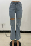 Jeans in denim regolare a vita alta strappati casual alla moda blu