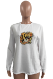 White Casual Animal Print Patchwork O Neck Tops