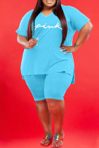 Light Blue Fashion Casual Letter Print Basic V Neck Plus Size Two Pieces