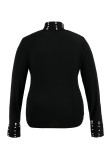 Black Casual Solid Patchwork Beading Turtleneck Tops