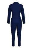 Blauwe mode casual effen patchwork turndown kraag skinny jumpsuits (zonder taille ketting)