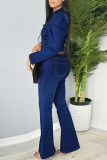 Dark Blue Fashion Solid Patchwork Turndown Collar Long Sleeve Regular Denim Jumpsuits (Without Belt)