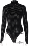 Black Sexy Striped Patchwork Turtleneck Skinny Bodysuits