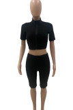 Black Casual Sportswear Solid Basic Turtleneck Short Sleeve Two Pieces