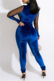 Macacão skinny de retalhos sexy moda azul com perfuração a quente meia gola alta