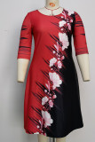 Rode casual print patchwork O-hals A-lijn plus size jurken