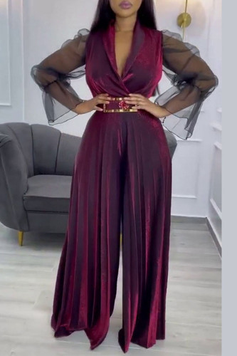 Burgundy Casual Elegant Solid Patchwork V Neck Straight Jumpsuits