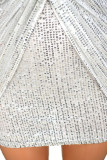 Белые повседневные элегантные однотонные платья с блестками в стиле пэчворк и V-образным вырезом