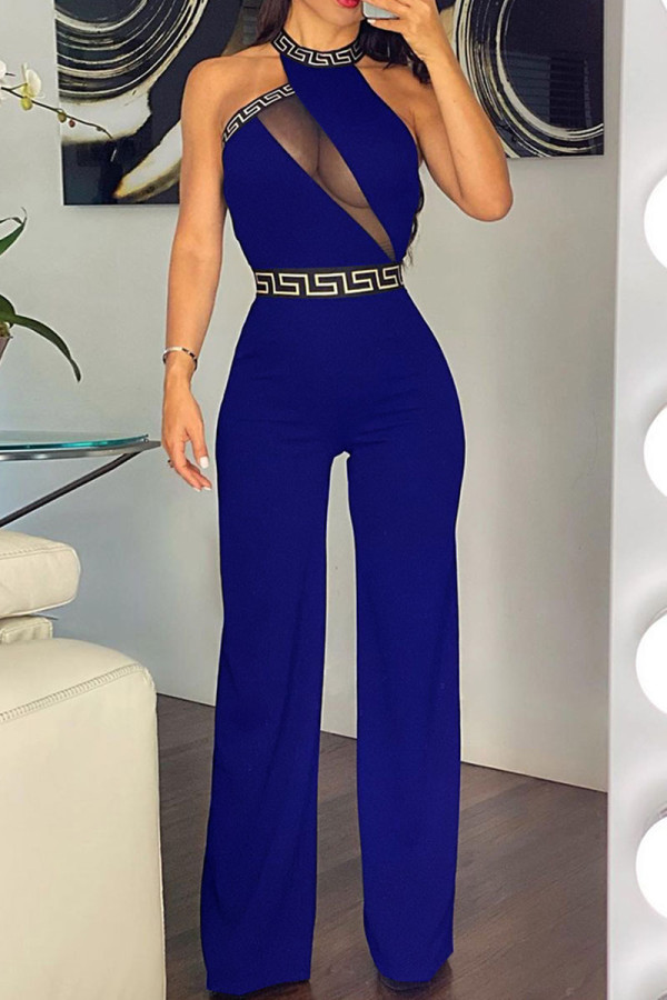 Blue Sexy Print Patchwork See-through O Neck Straight Jumpsuits