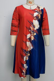 Tangerine Red Casual Print Patchwork O Neck A Line Plus Size Robes