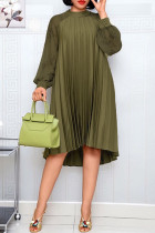 Army Green Casual Print Patchwork Fold O Neck A Line Dresses
