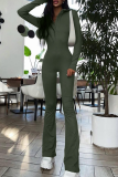 Khaki Casual Solid Patchwork Turndown Collar Boot Cut Jumpsuits