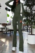 Army Green Casual Solid Patchwork Turndown Collar Boot Cut Jumpsuits