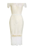 Cream White Fashion Sexy Patchwork Lace V Neck Short Sleeve Dress