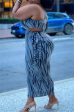 ブルーファッションセクシープリントくり抜かれた背中の開いた斜めの襟長袖プラスサイズのドレス