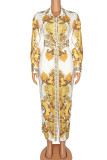 Gul Casual Elegant Patchwork Patchwork-spänne Turndown-krage Skjortaklänning Plus Size-klänningar