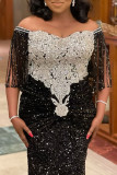 Zwarte elegante effen kwastjes pailletten patchwork applicaties off-shoulder rechte jurken