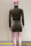 Gold Sexy Patchwork Buttons Turtleneck One Step Skirt Dresses