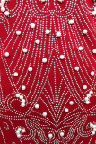Vestidos rectos de taladro caliente de perlas de parches lisos elegantes rojo purpúreo