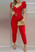 Red Casual Solid Patchwork Fold Zipper V Neck Regular Jumpsuits (Without Belt)