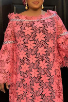ピンク カジュアル ソリッド くり抜き パッチワーク オフショルダー プラス サイズ ドレス
