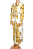Gul Casual Elegant Patchwork Patchwork-spänne Turndown-krage Skjortaklänning Plus Size-klänningar