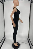 Black Fashion Casual Solid Backless O Neck Skinny Jumpsuits