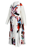 Белые элегантные платья в стиле пэчворк с принтом и пряжкой без пояса с отложным воротником
