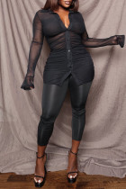 Черный модный сексуальный повседневный кардиган с однотонными пуговицами, сетчатый отложной воротник с длинным рукавом из двух частей