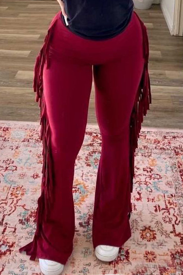Бордовые модные повседневные однотонные лоскутные узкие брюки со средней талией и кисточками