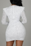 ホワイト カジュアル エレガント ソリッド スパンコール パッチワーク フォールド V ネック ワンステップ スカート ドレス
