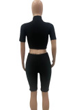 Vêtements de sport décontractés noirs, col roulé basique solide, manches courtes, deux pièces