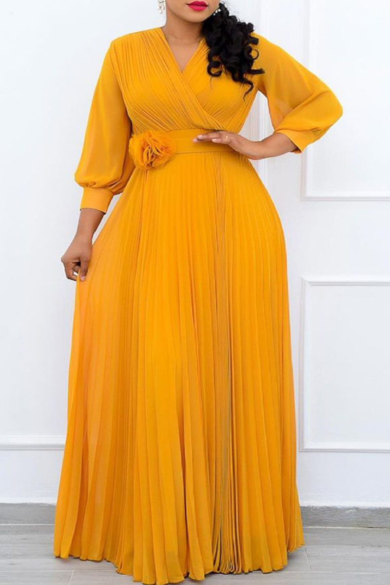 

Yellow Casual Elegant Solid Patchwork Fold With Belt V Neck Straight Dresses