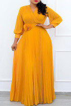 Yellow Casual Elegant Solid Patchwork Fold With Belt V Neck Straight Dresses