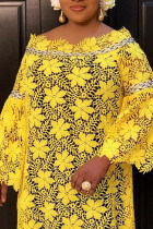 Gele casual effen uitgeholde patchwork off-shoulder grote maten jurken