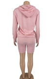 Pink Casual Print Patchwork Hooded Collar Long Sleeve Two Pieces