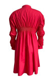Roze casual effen patchwork gesp vouw mandarijn kraag overhemdjurk jurken