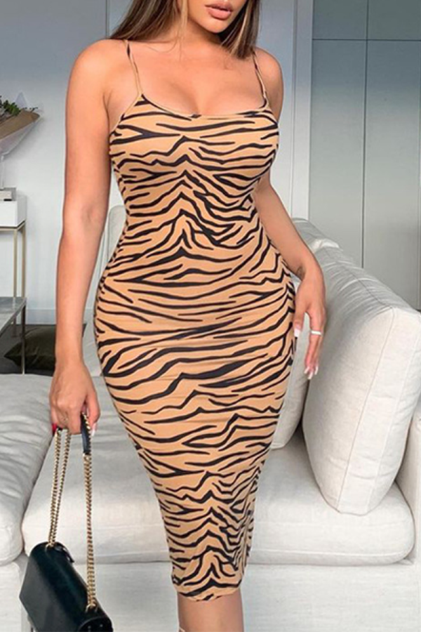 Brownness Sexy Animal Print Patchwork Spaghetti Strap Pencil Skirt Dresses