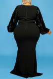 Vestido de noche de manga larga con cuello en O de patchwork de lentejuelas sólidas de talla grande de moda negro